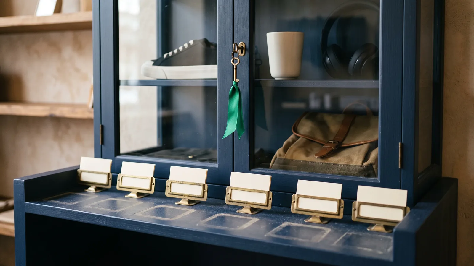 A navy glass-fronted cabinet with a sneaker, a cup, headphones and a canvas backpack behind closed doors and a brass key with a green ribbon in the lock; in front, a row of brass label holders with blank cream cards above clean squares in the dust where products used to stand