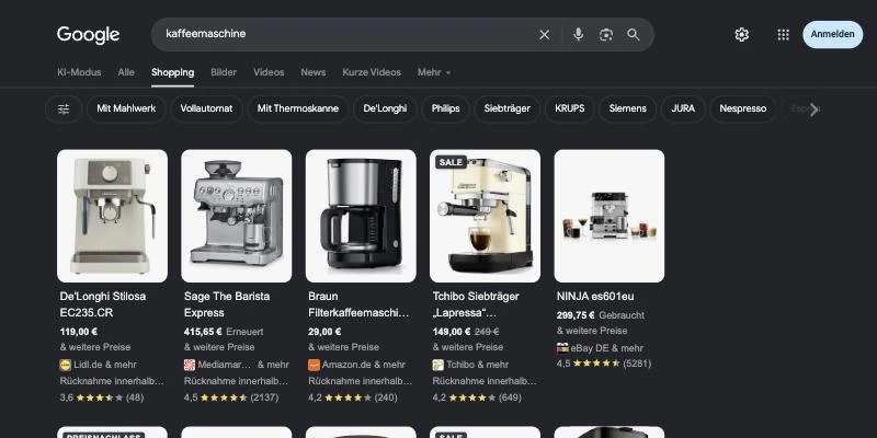 Google Shopping results for kaffeemaschine with German settings, opened by direct address: Shopping is the active tab between Alle and Bilder, followed by filter chips and a first row of coffee machine offers with prices from shops such as Lidl.de, MediaMarkt, Amazon.de, Tchibo and eBay