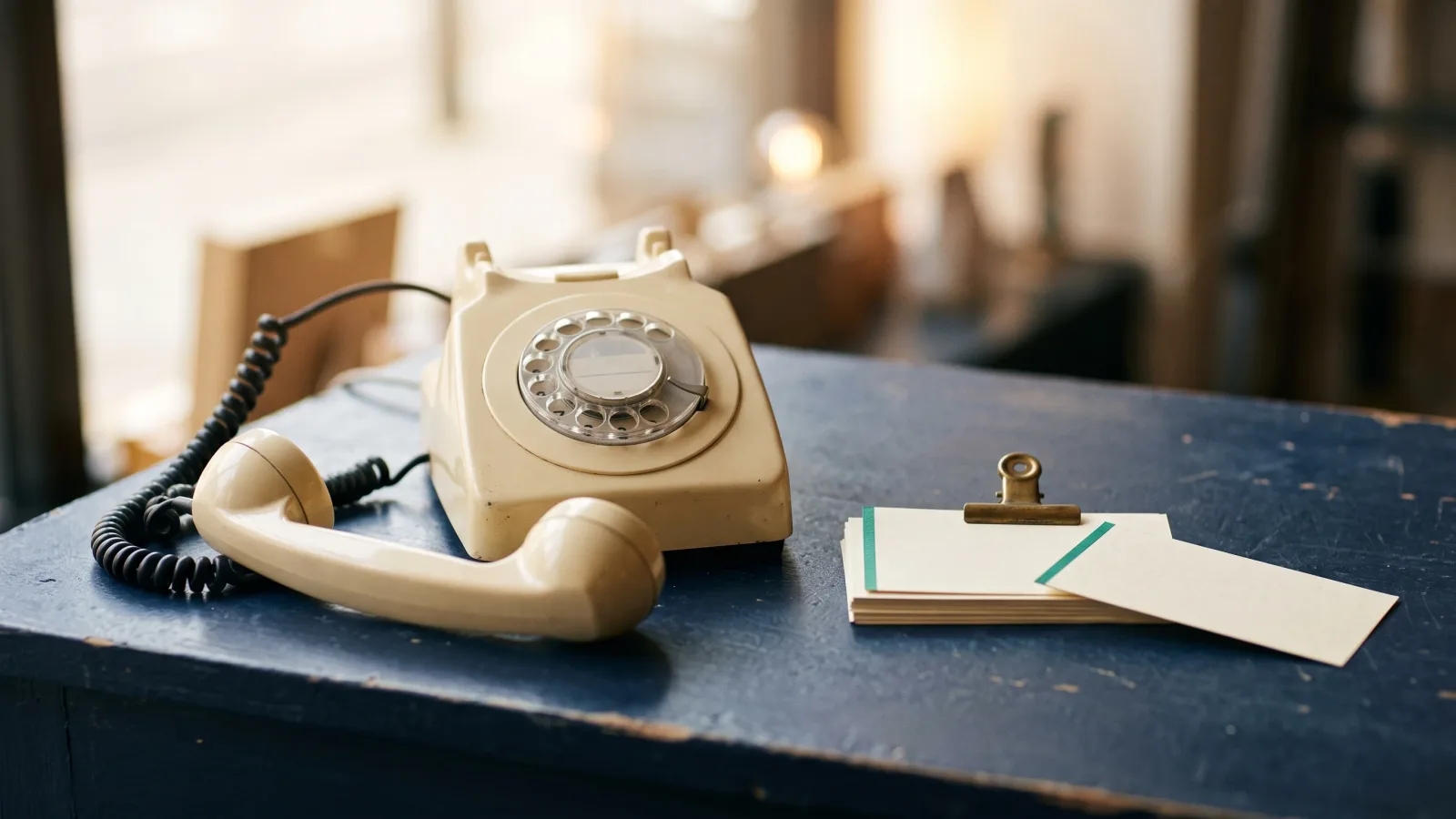 Kremowy telefon z tarczą na wytartej granatowej ladzie, słuchawka zdjęta i położona obok, przy nim stos kremowych kartek pod mosiężnym klipsem, jedna kartka wysunięta ze stosu