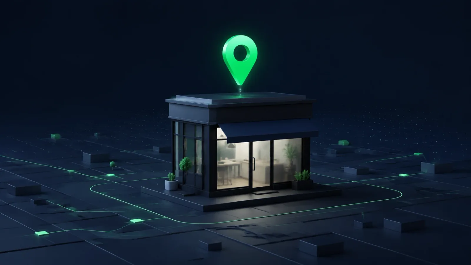 A small storefront model standing on a dark city-map surface with a glowing green map pin above it