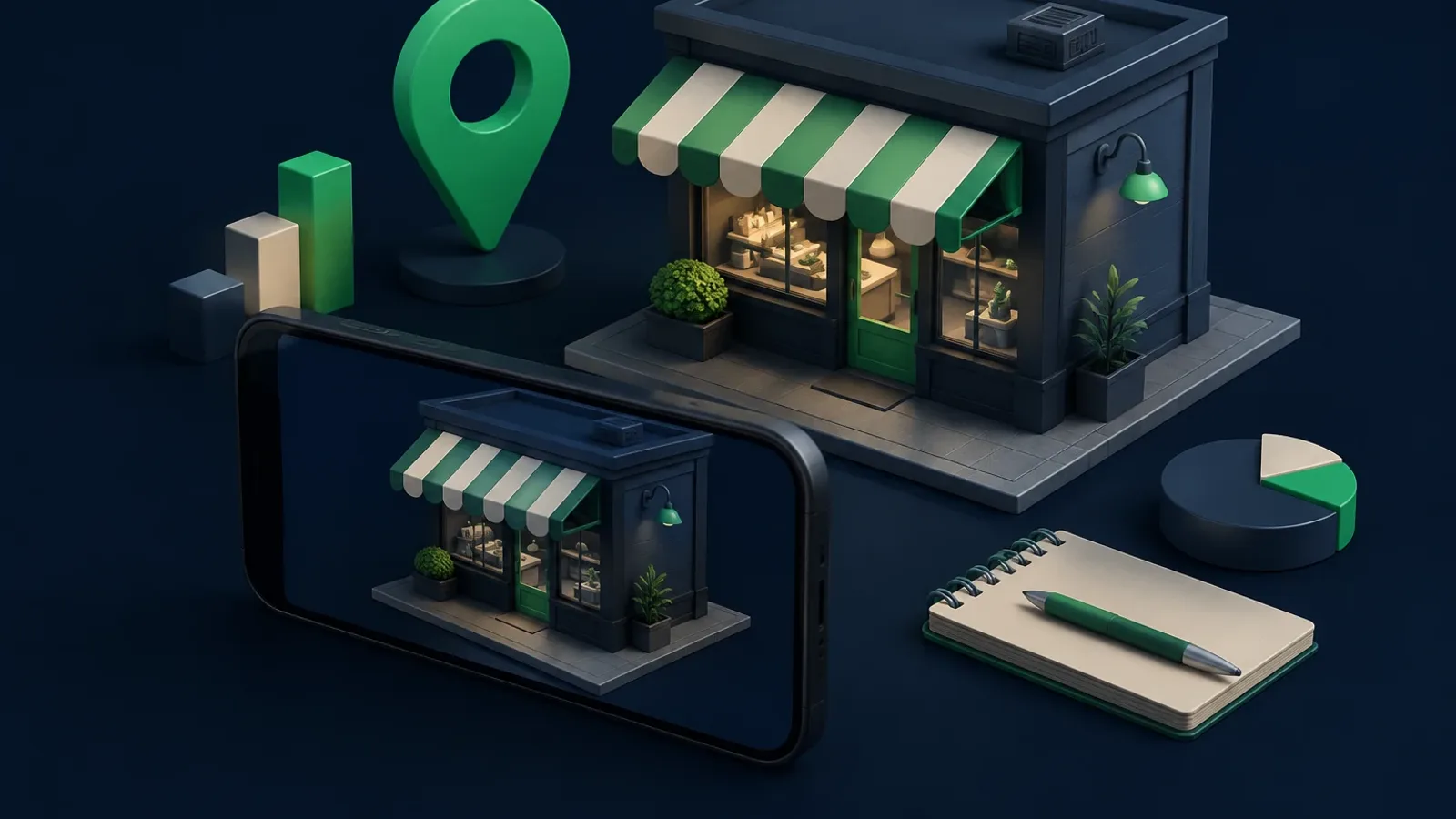 Izometryczna miniaturowa witryna sklepu z zieloną markizą w paski na ciemnogranatowej płaszczyźnie, na pierwszym planie smartfon pokazujący tę samą witrynę na ekranie, obok zielona pinezka lokalizacji i notes