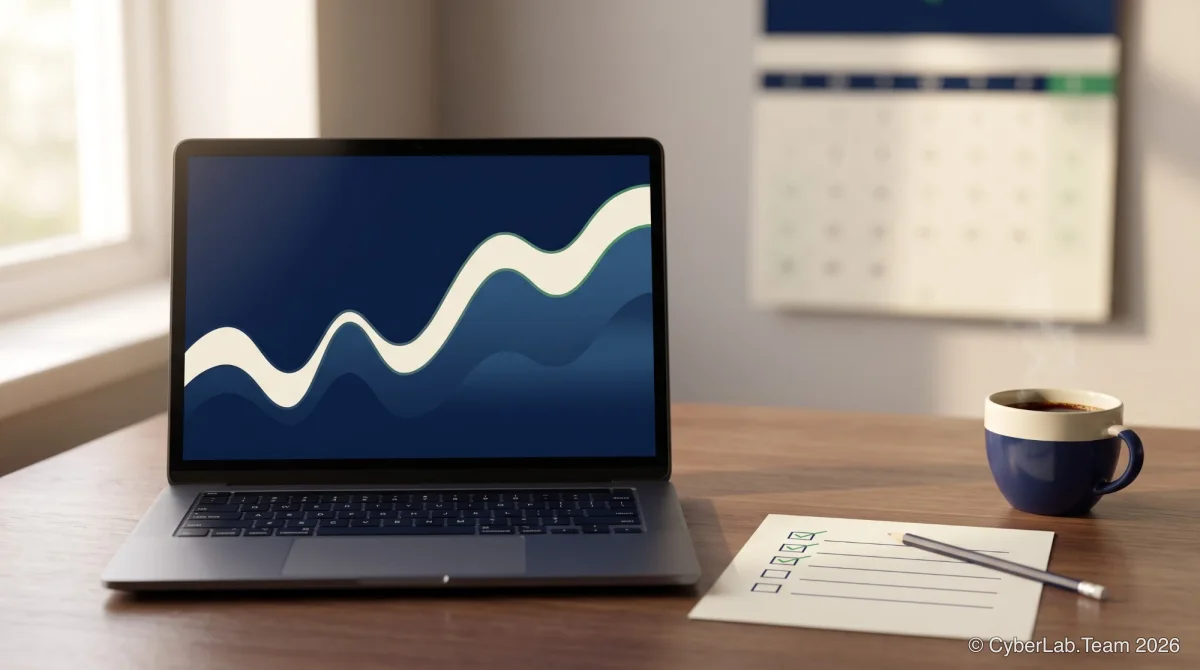 A laptop with an abstract wave on the screen, a paper checklist with three ticked boxes, a pencil and a cup of coffee on a desk, a wall calendar behind