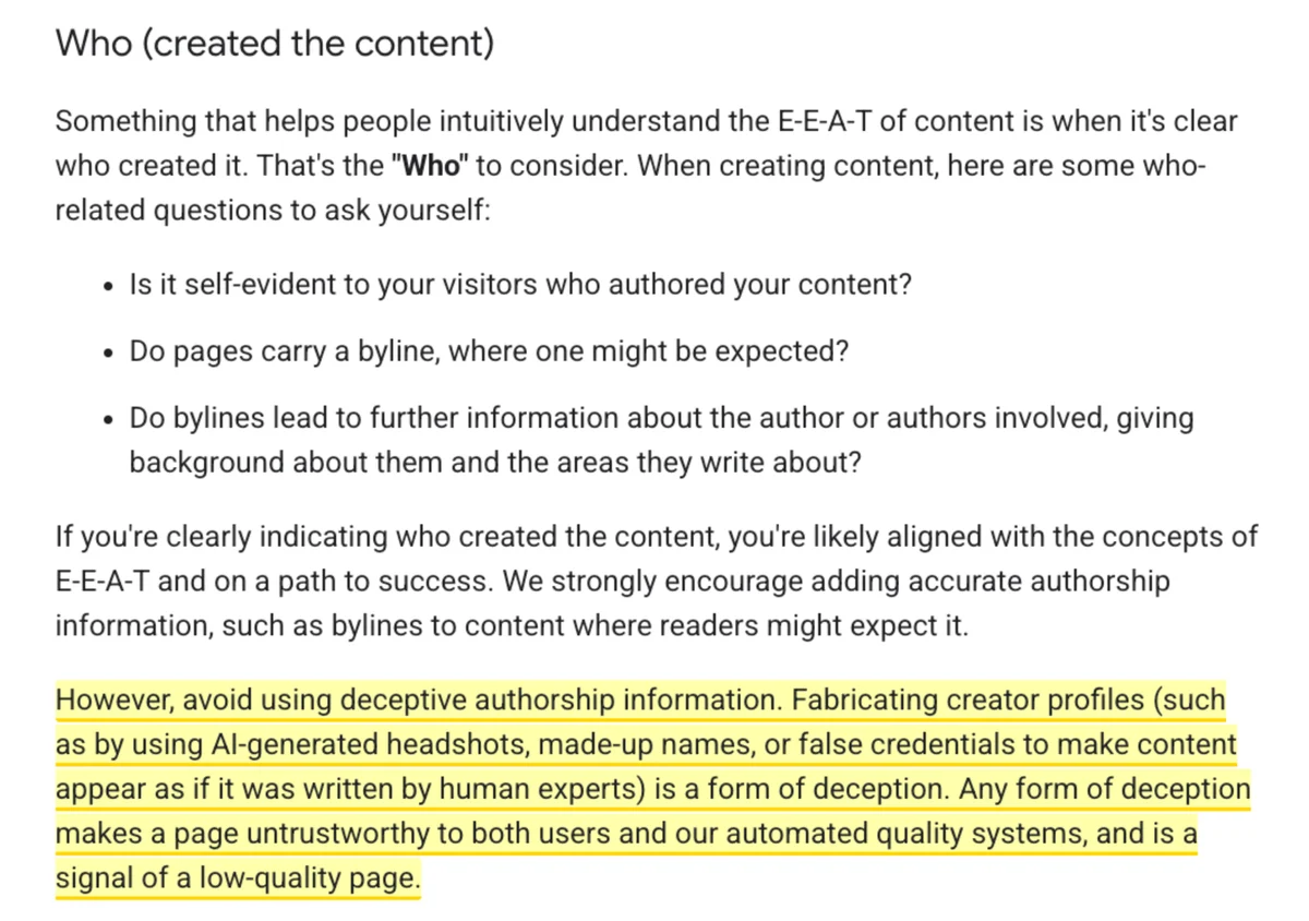 The Who section of Google's helpful content guide with the new paragraph on deceptive authorship highlighted in yellow