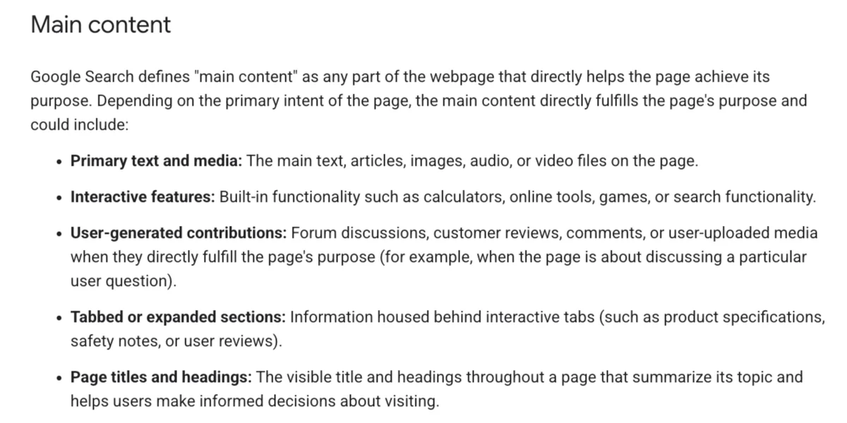 The new Main content section of Google's helpful content guide, listing primary text and media, interactive features, user-generated contributions, tabbed or expanded sections, and page titles and headings
