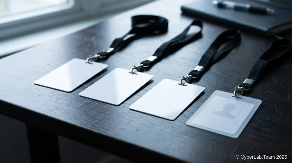 Four lanyard badges on a dark desk: three blank white cards and a fourth holder with only a placeholder silhouette where a photo would be