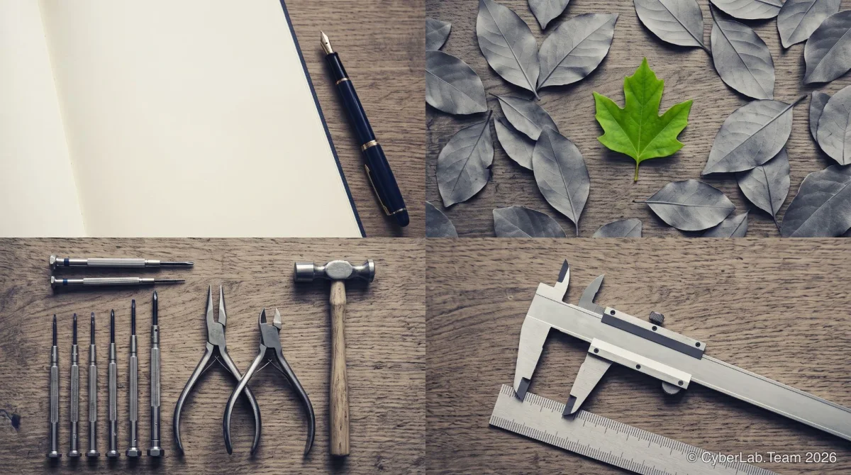 Four photos in a grid: an open notebook with a fountain pen, one green leaf among grey leaves, a row of small tools with pliers and a hammer, and a caliper on a ruler