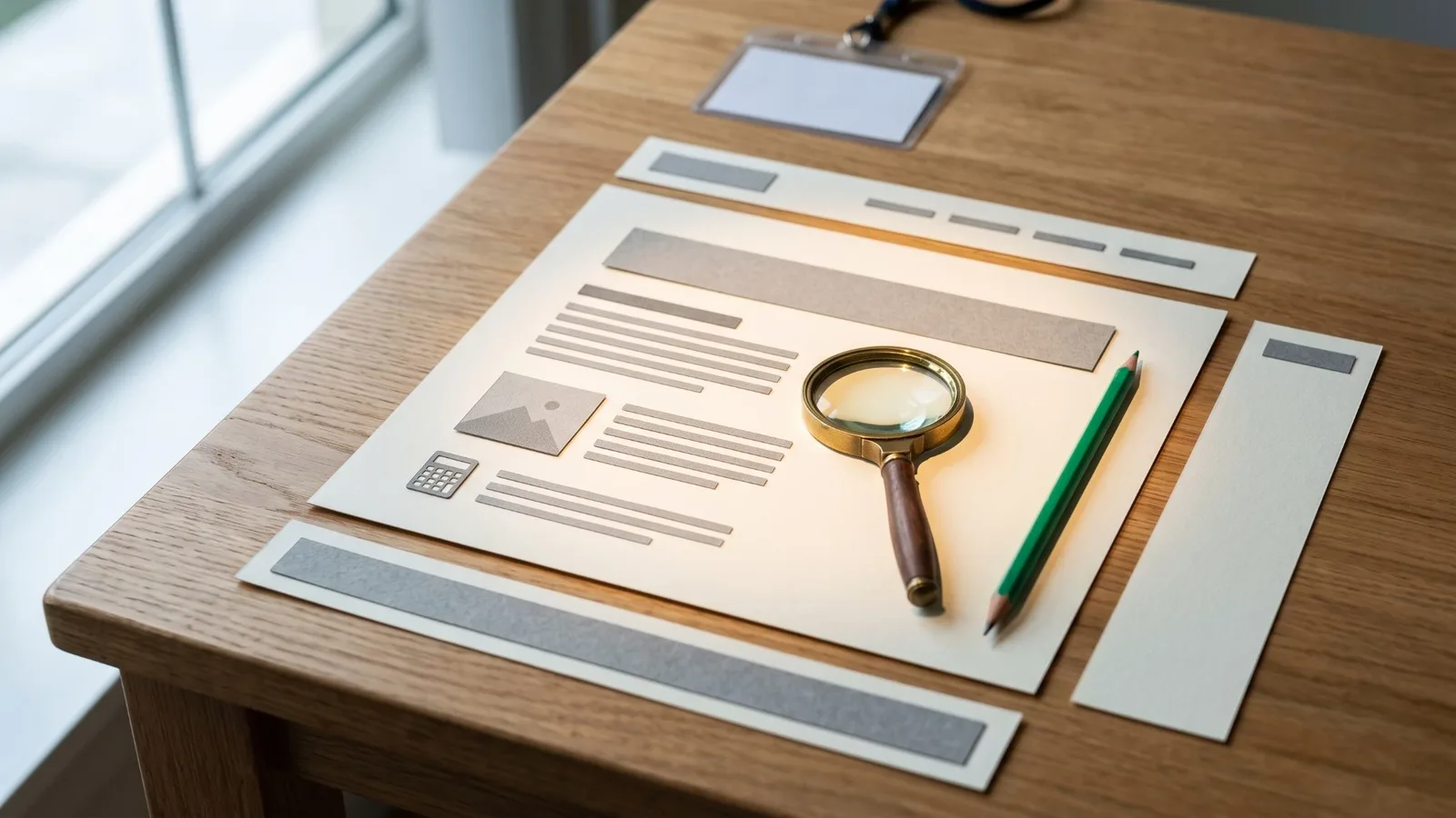A paper mockup of a web page on a wooden desk: a lit central sheet with heading, text, image and calculator blocks, a magnifying glass and a green pencil on it, separate strips for the header, footer and sidebar, and a blank ID badge