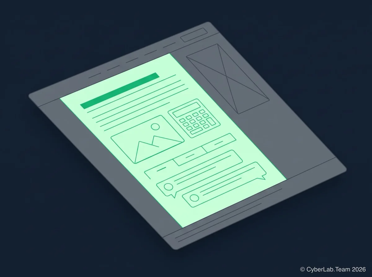 Isometric wireframe of a web page: the central column with a heading, text lines, an image, a calculator, tabs and two review bubbles is lit green, while the navigation bar, an ad box in the sidebar and the footer stay grey