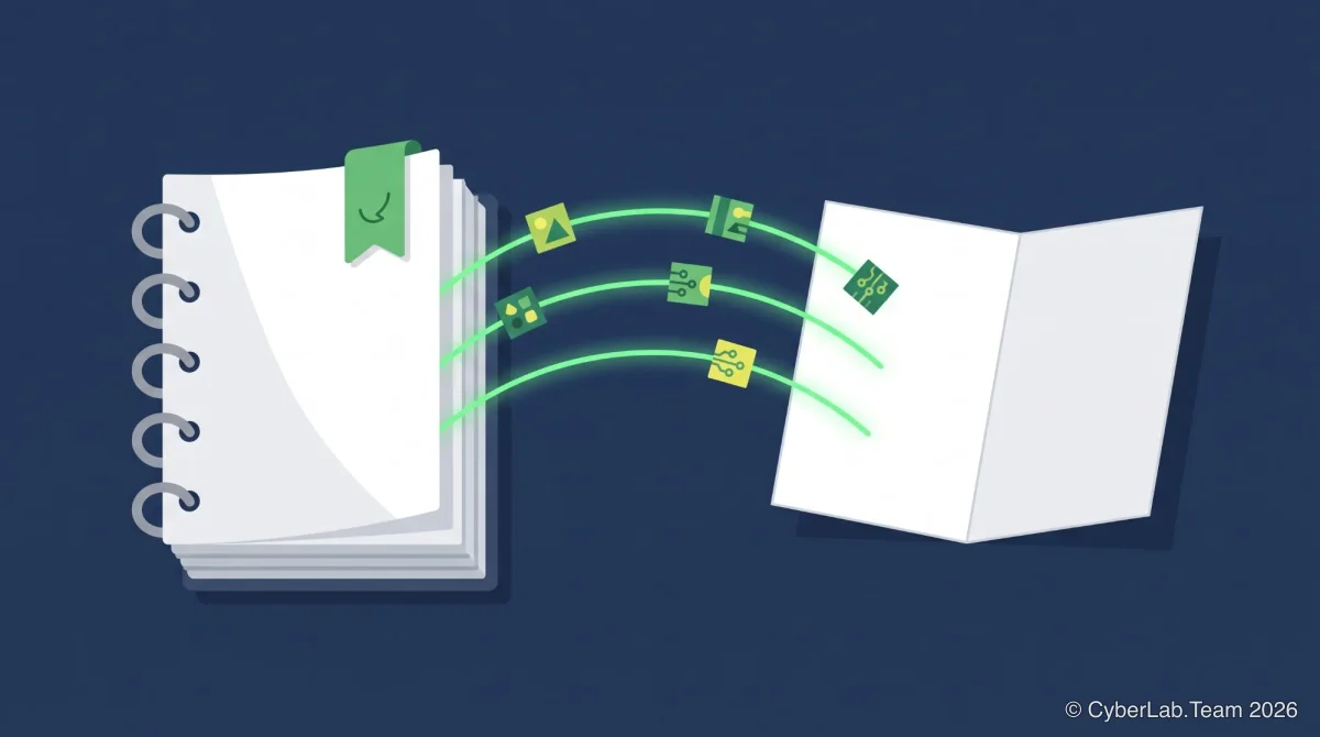 A thick ring-bound manual with a green bookmark on the left and a thin folded leaflet on the right, linked by three glowing green lines carrying small blocks