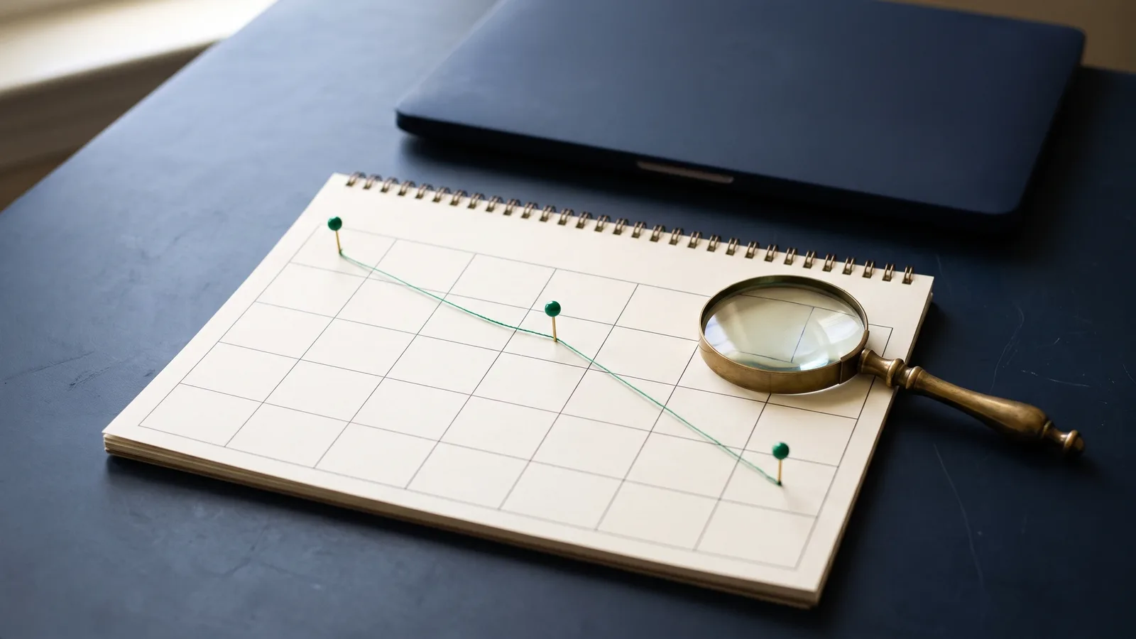 A spiral pad with a blank grid on a navy desk: three green-headed pins stand in different squares, joined by a thin green thread, and a brass magnifying glass rests over one corner of the grid; a closed laptop lies behind